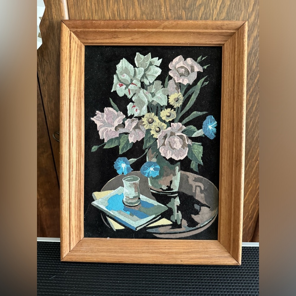 Vintage Paint by Number Floral Flower Decor Still Life Painting on Black Velvet